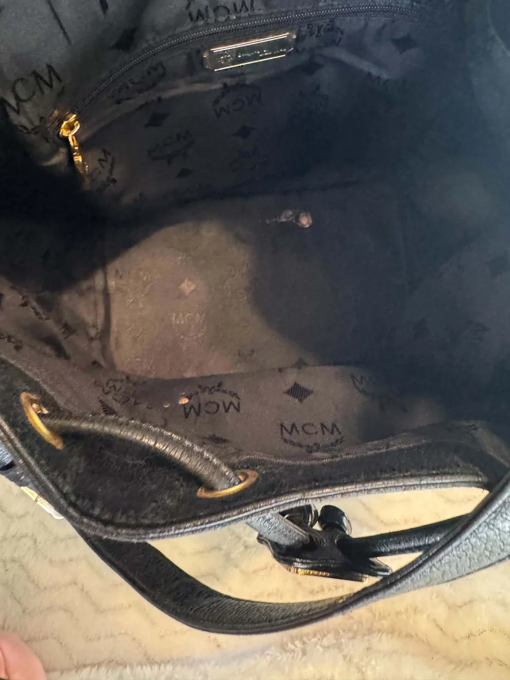 MCM Black Pebbled Leather Drawstring Hobo with Gold Hardware